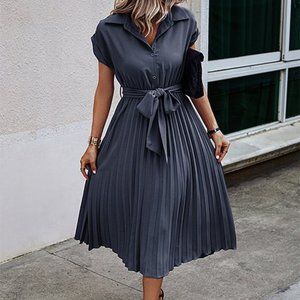 Elegant Gray Pleated Satin Sheen Dress